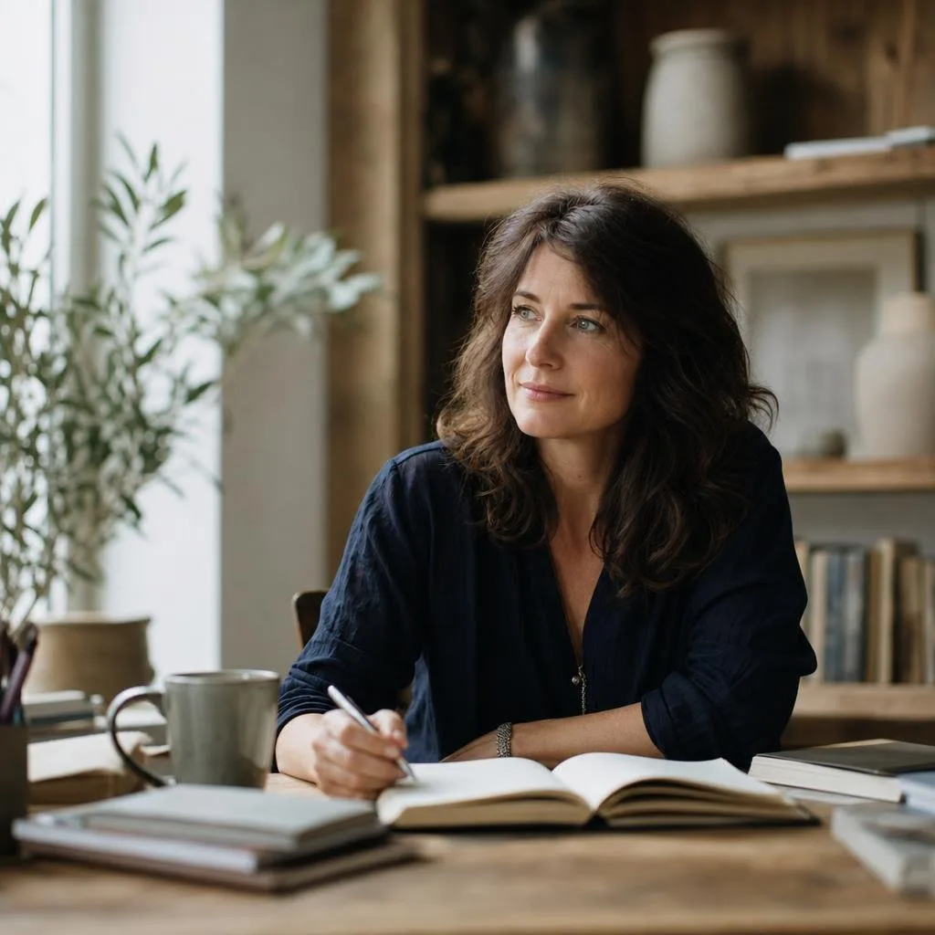 A desk with a notebook, a fountain pen, and a cup of tea